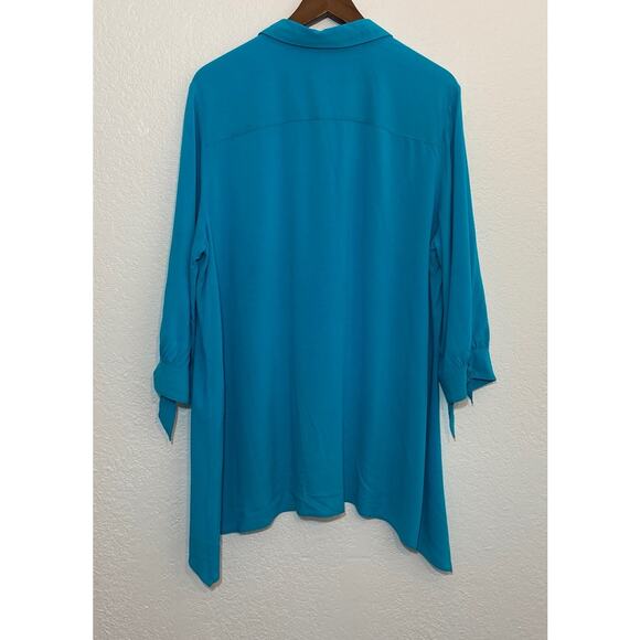 Chico's size 2 Large Blue Asymmetric Hem Button Up Tunic Tie Sleeve Lagenlook - Picture 5 of 7